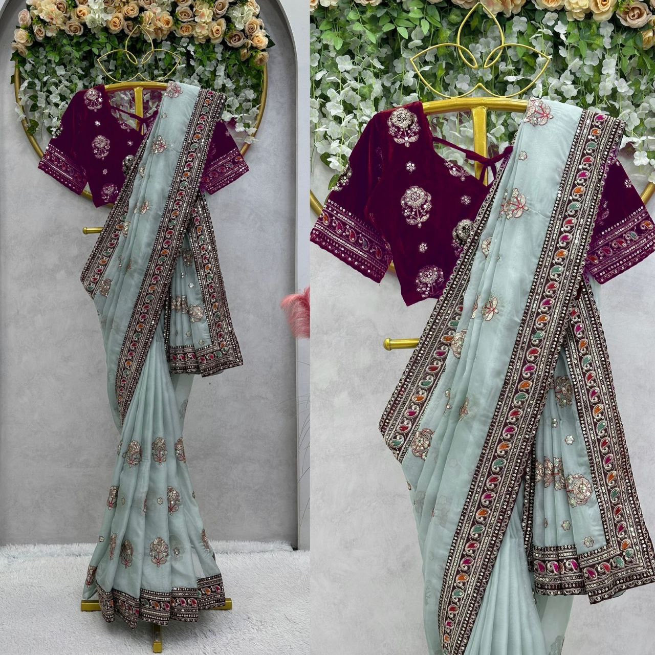 AYLA - Designer Georgette Silk Saree with Stunning Border x Designer Velvet Blouse