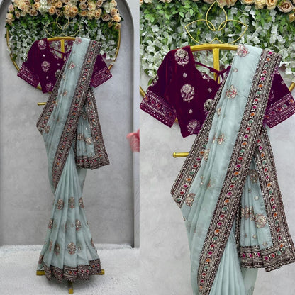 AYLA - Designer Georgette Silk Saree with Stunning Border x Designer Velvet Blouse