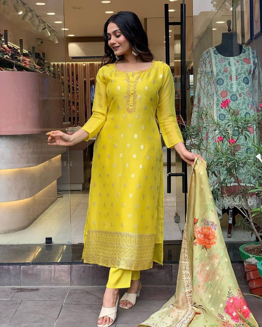 Yellow Floral Mustard Kurti Suit