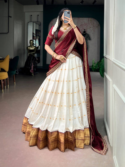 Laksharaa Sarees JALINI — Soft Cotton Maroon x White Half Saree Lehenga Front Posed View