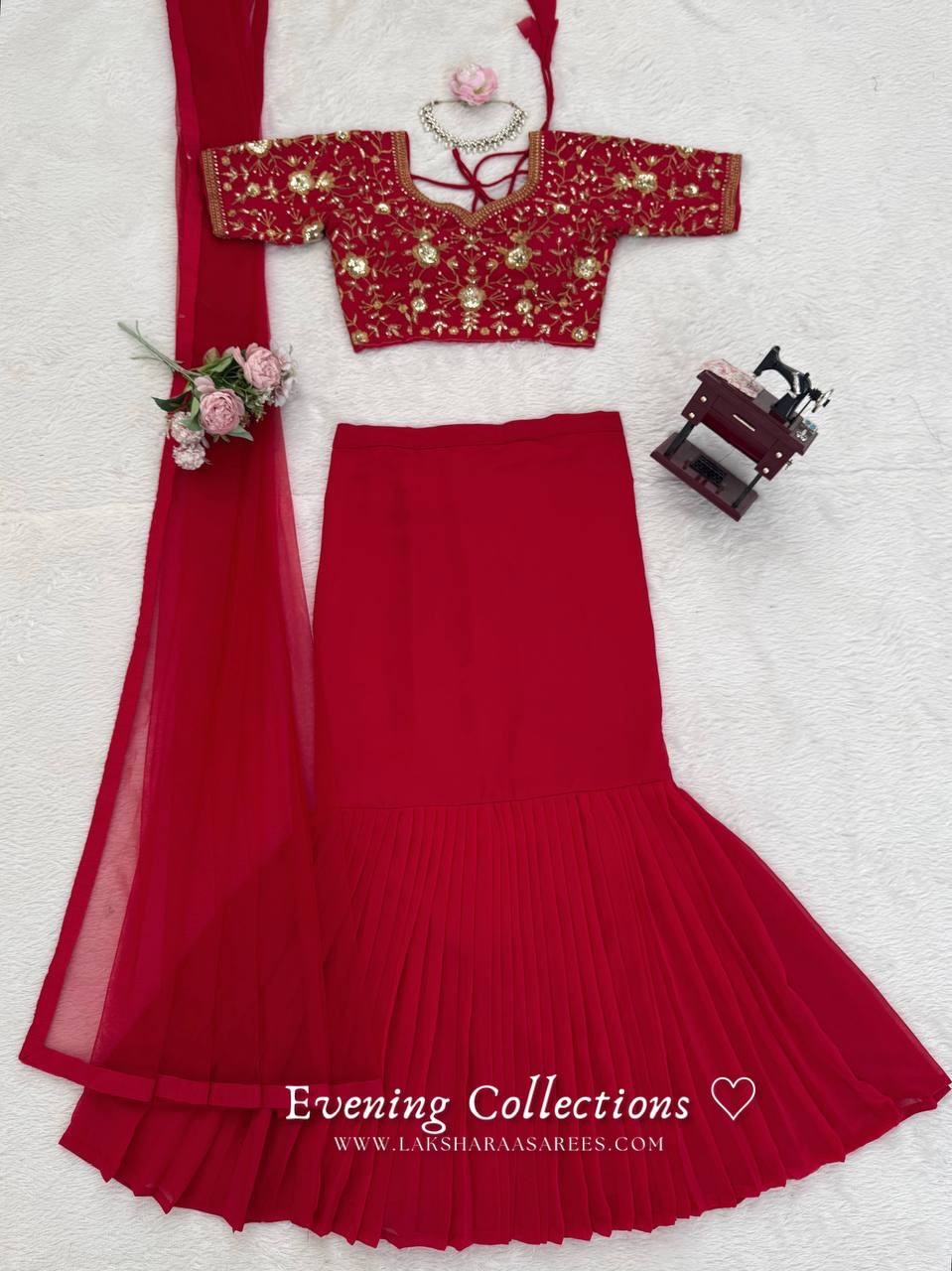 Laksharaa Sarees ELENA Half Saree Lehenga Red Flat Lay