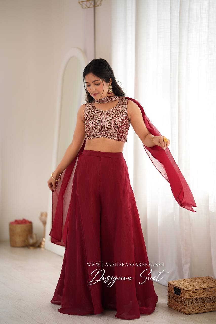Laksharaa Sarees RAIZA - crop top Pallazo suit Burgundy front view on model