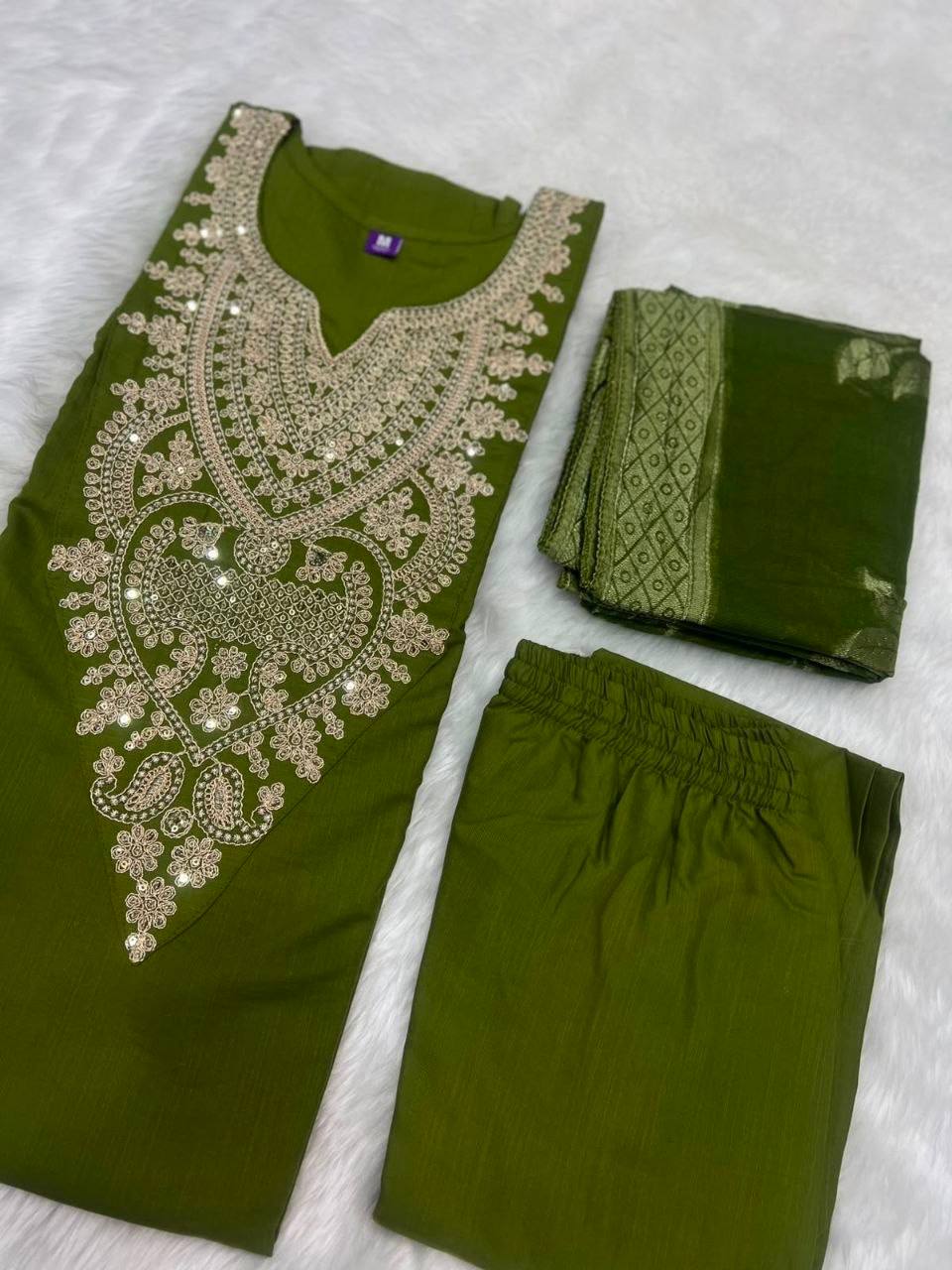 Laksharaa Sarees PATRICIA — cotton blend Kurti set Olive Green Flat Lay