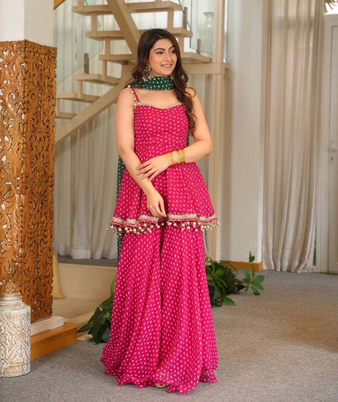 Laksharaa Sarees HANI bandhani print Sharara suit Hot Pink Model Wearing Front