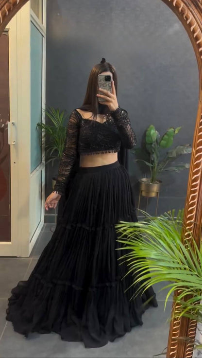 Laksharaa Sarees Black RUFFLE Georgette Lehenga Model Wearing Mirror Shot