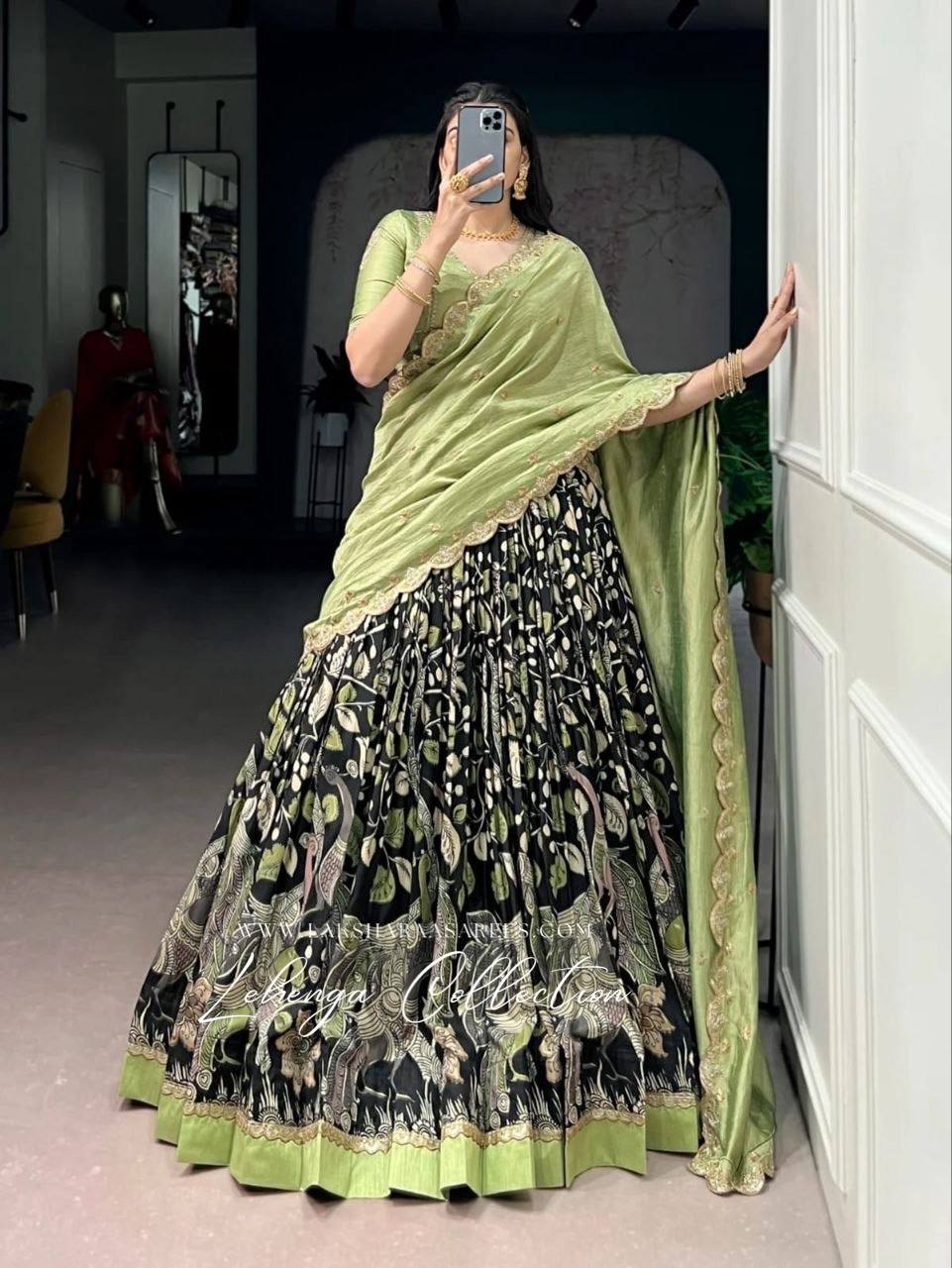 Laksharaa Sarees MEERA Dola Silk Kalamkari Half Saree Lehenga Black and Light Green