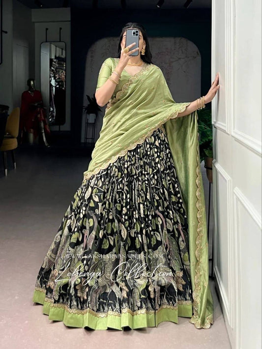 Laksharaa Sarees MEERA Dola Silk Kalamkari Half Saree Lehenga Black and Light Green