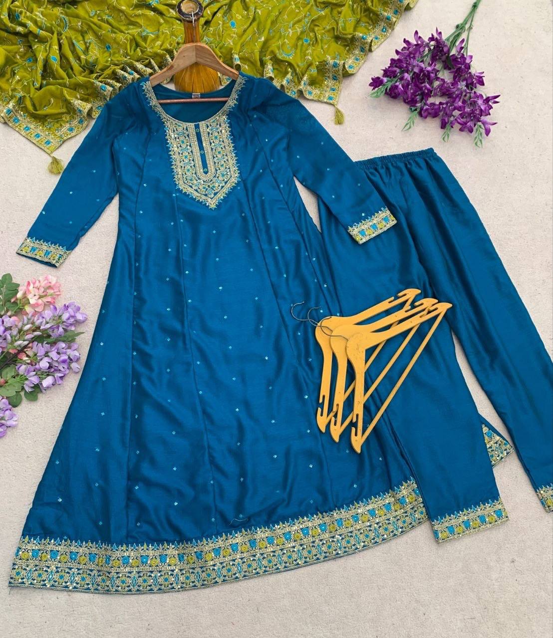 Laksharaa Sarees Festive Vichithrah Silk Kurti Set Teal Laid Flat with Pants and Shawl
