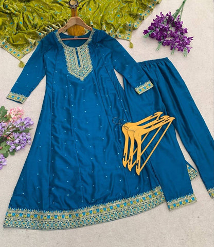 Laksharaa Sarees Festive Vichithrah Silk Kurti Set Teal Laid Flat with Pants and Shawl