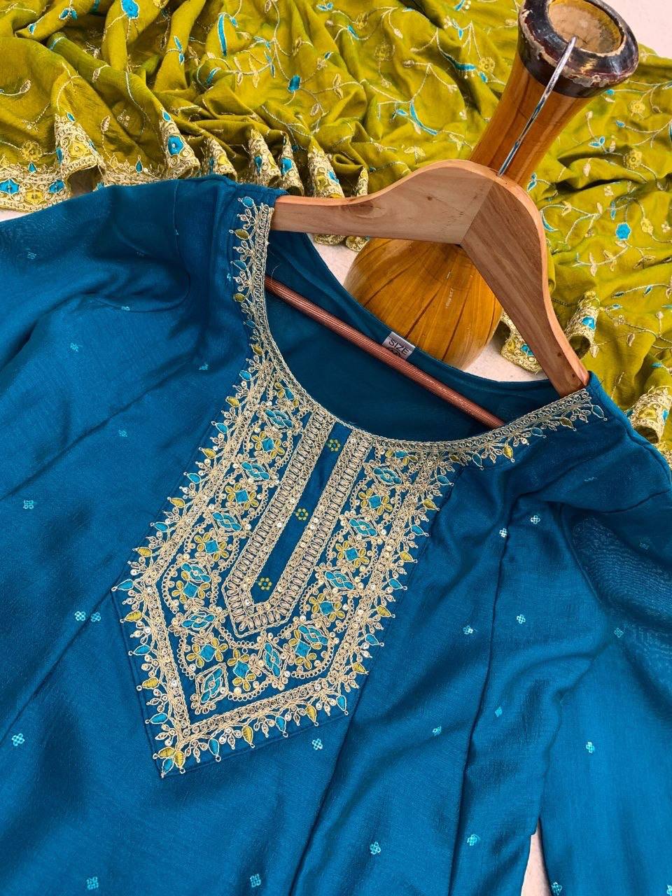 Laksharaa Sarees Festive Vichithrah Silk Kurti Set Teal Close-up of Embroidery