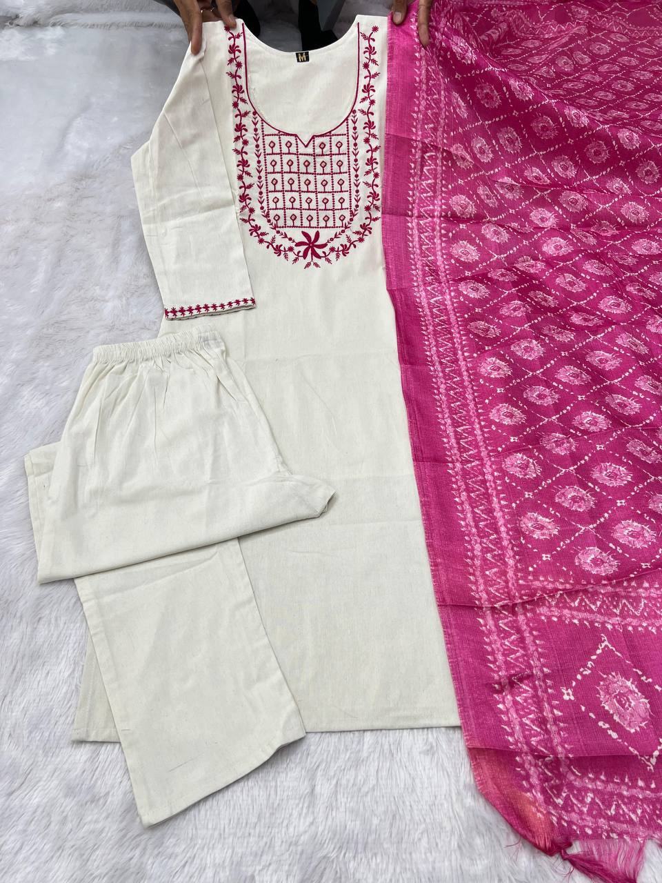 Laksharaa Sarees White x Pink Kurti Suit Off-White Front View