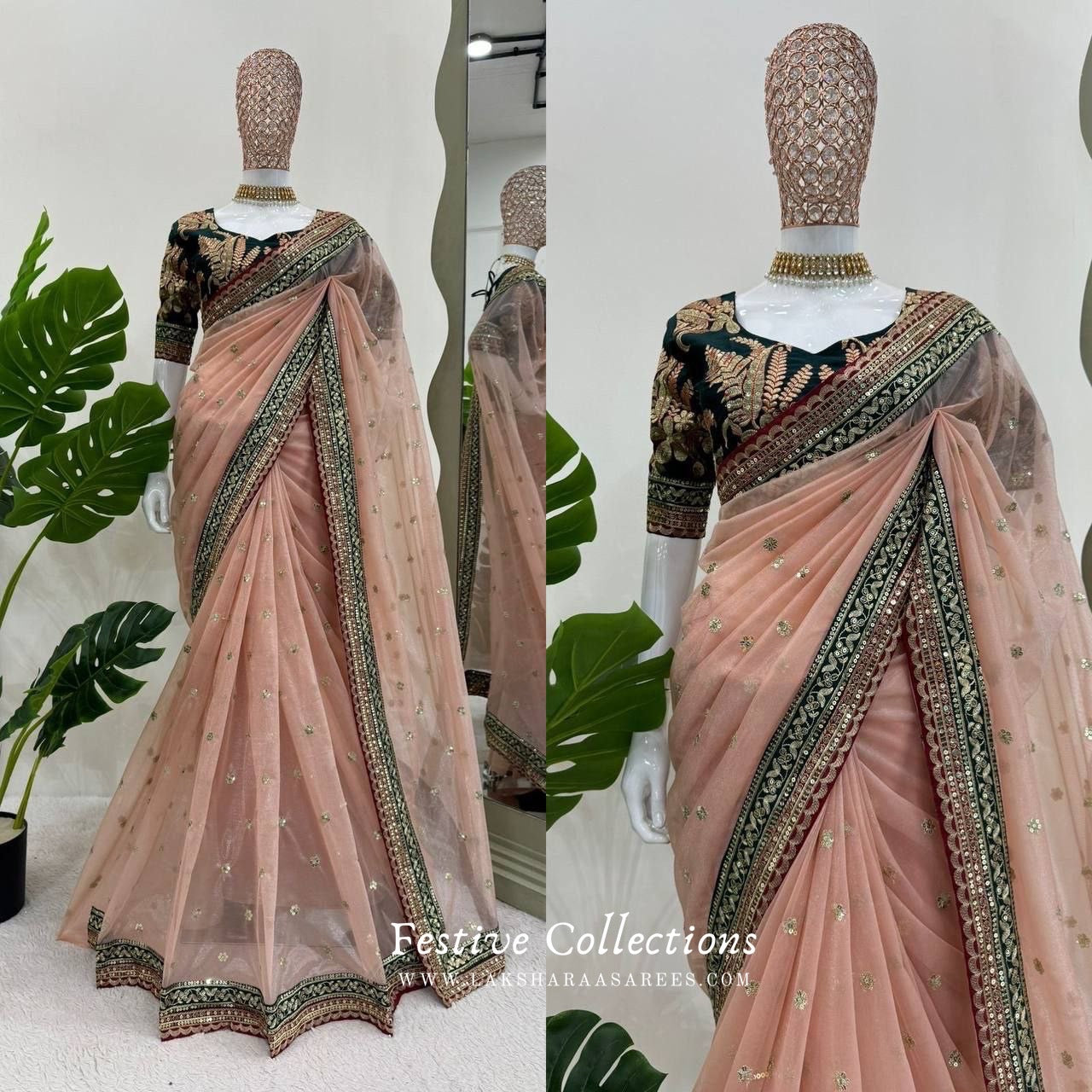 SAKSHII - Peach Partywear Shimmer Net Saree x Green Designer Blouse