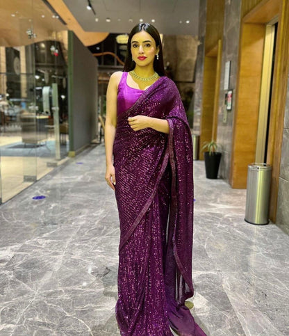 SAJNII - Purple Partywear Sequinned Saree