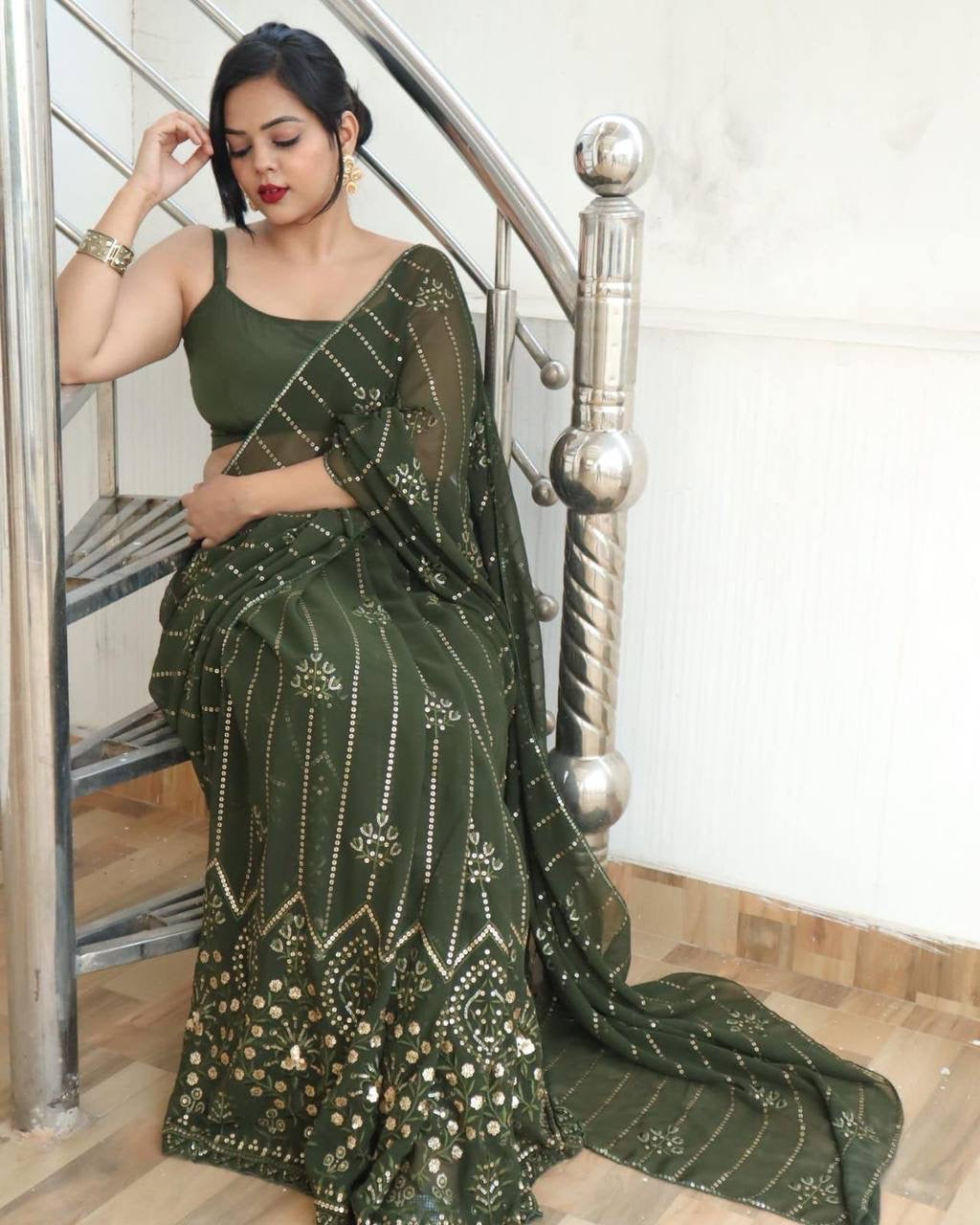 Olive Green Partywear Georgette Saree