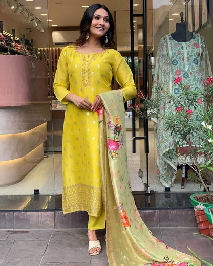 Yellow Floral Mustard Kurti Suit