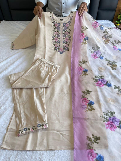 Beige Floral Kurti Set