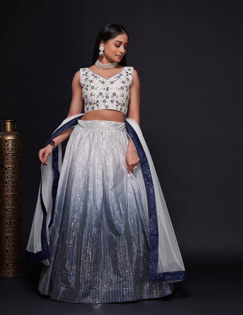 Florins White x Blue Ombré Floral Lehenga