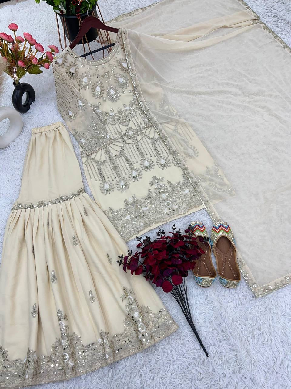 Beige Cream Premium Sharara Suit