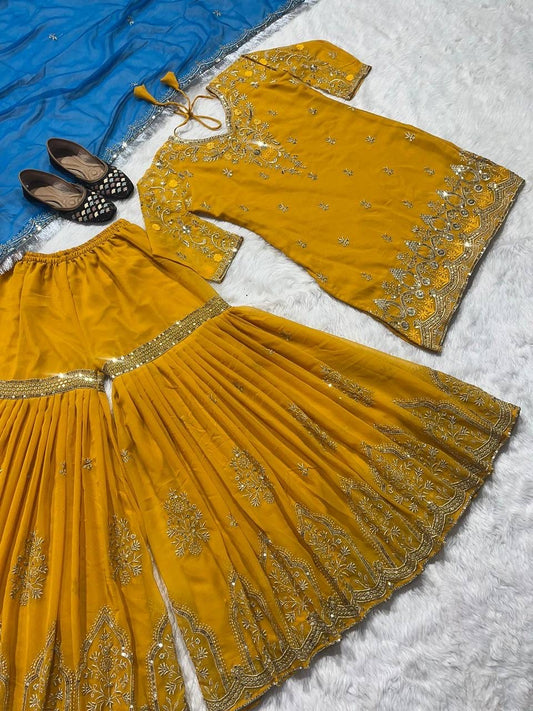 Abeeha Mustard X Blue Sharara Suit