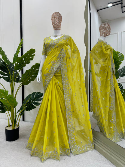 Lemon Green Georgette Saree x Designer Blouse