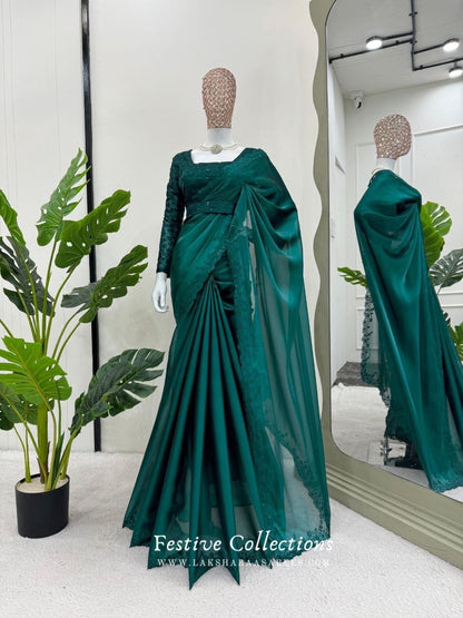 KANISHA - Pine Green Partywear Georgette Saree