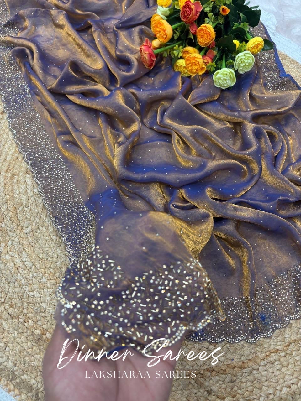 NAYLAA - Space dinner saree with stone border