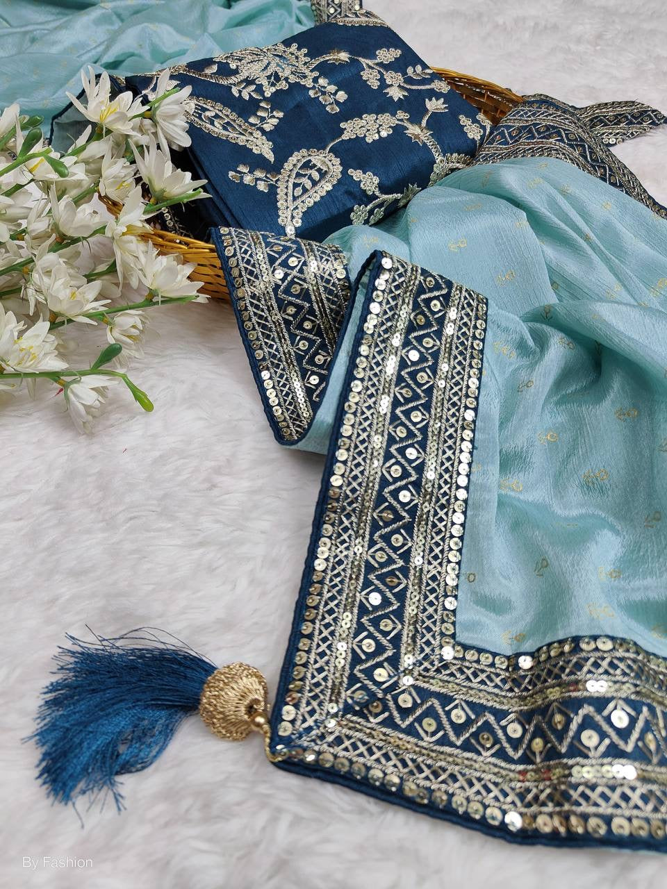 VARUNEE - Georgette Silk Saree x Grand Border + Free Designer Belt