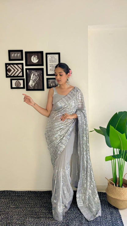 Grey x Silver Georgette Partywear Sequinned Saree