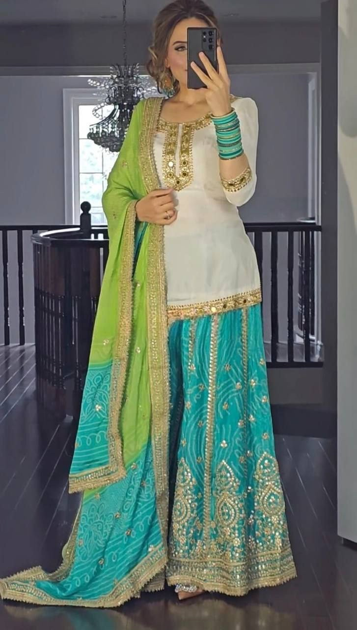 Beautiful Green x White Pallazo Designer Suit