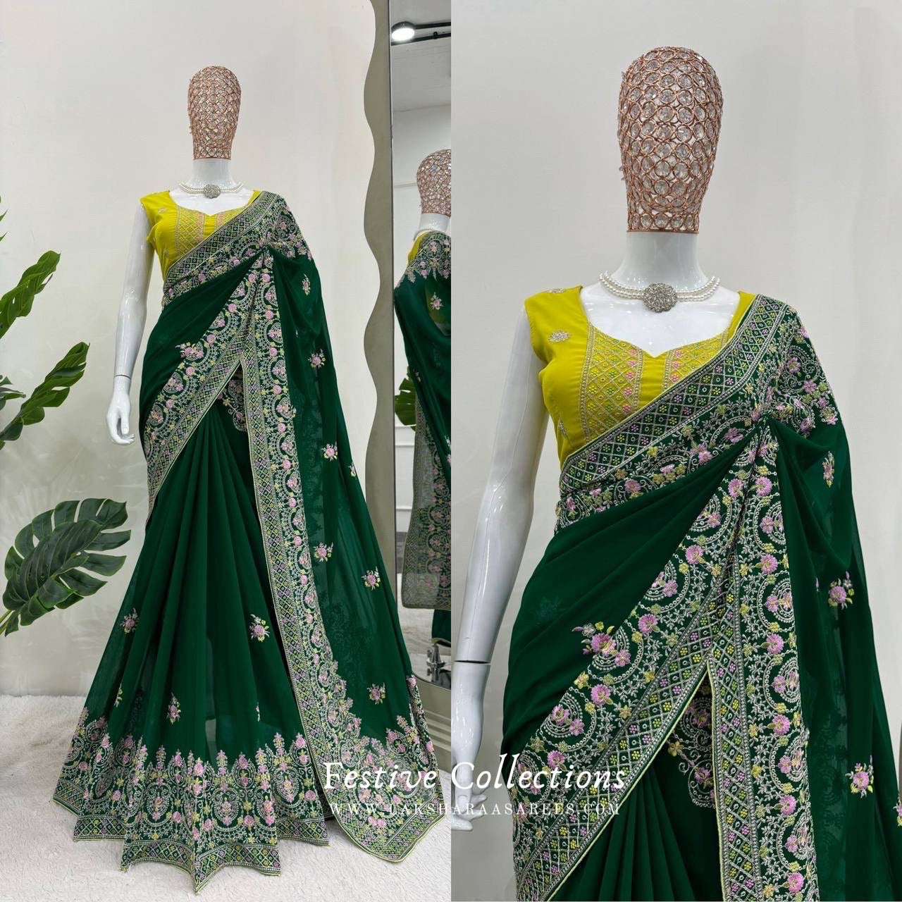 Green Floral Georgette Saree