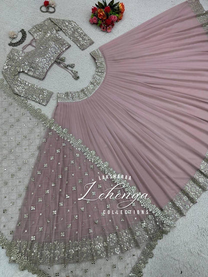 SAVITAA - Mauve Pink x Silver Georgette Lehenga with Stunning Duppata