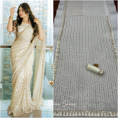 TIYAA - Beautiful White Georgette Partywear Sequinned Saree