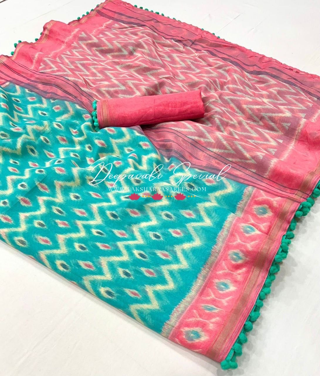 Colourful Mul Mul Cotton Saree x Pom Pom Border