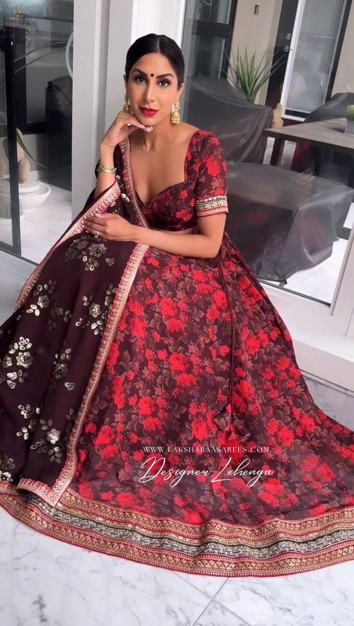 Maroon x Red Floral Georgette Lehenga