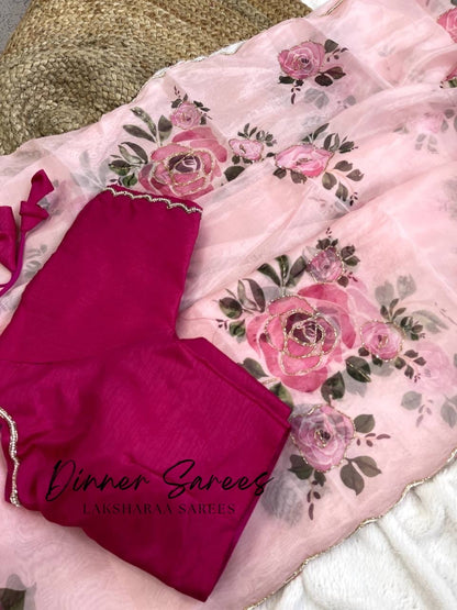 Pink Rose Organza Saree paired with Readymade Blouse 🌹