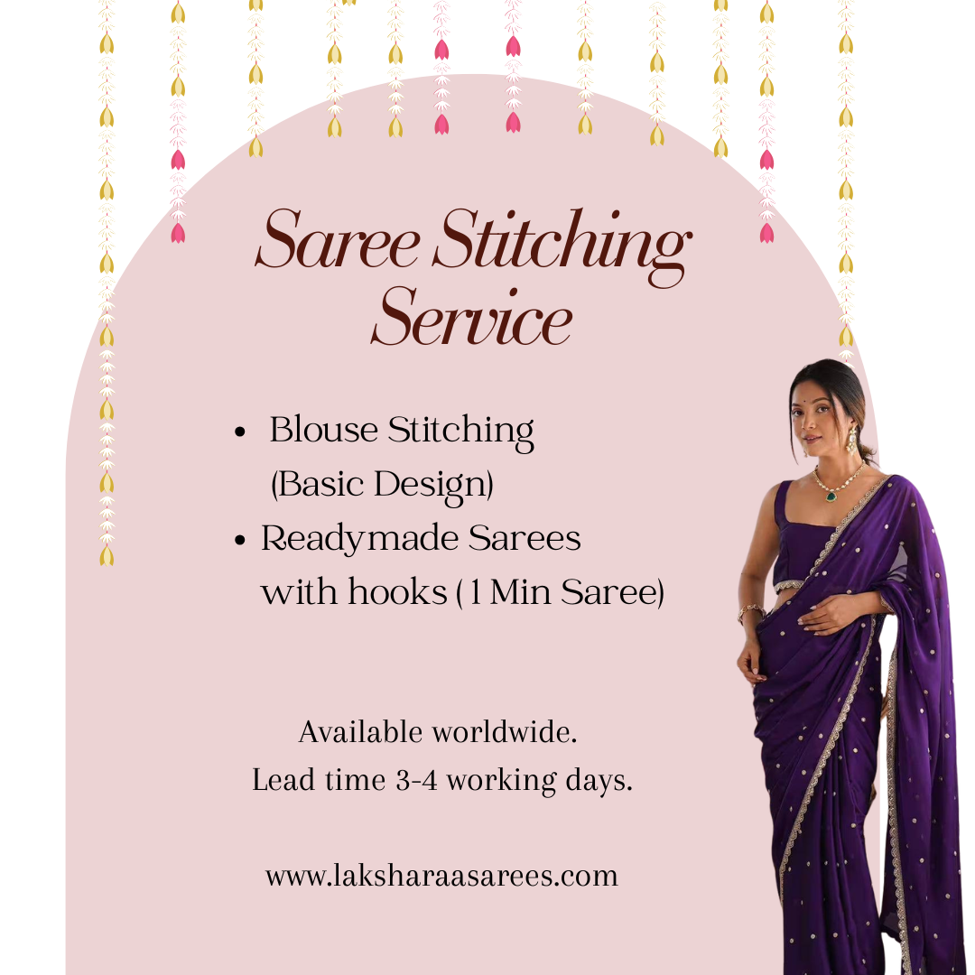 Readymade saree and blouse stitching service by Laksharaa Sarees, showcasing tailored fabric and detailed stitching work.