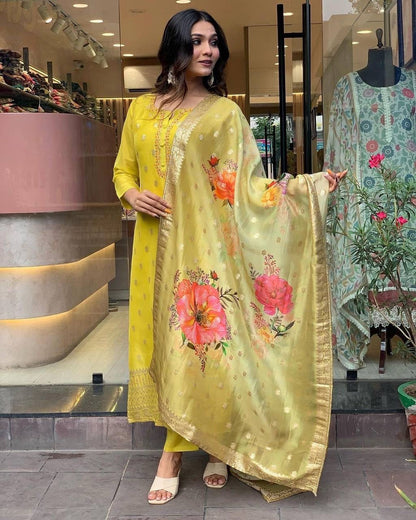 Yellow Floral Mustard Kurti Suit