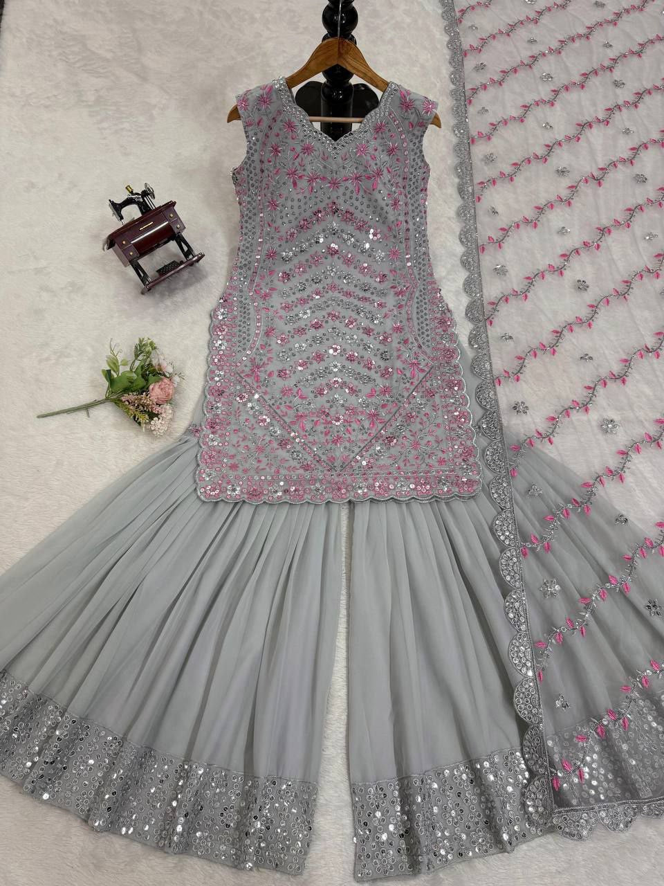 Grey x Pink Sharara Suit