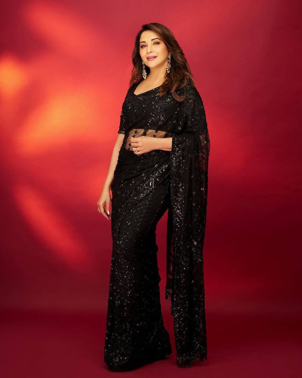 Black Partywear Net Saree x Sequin Work