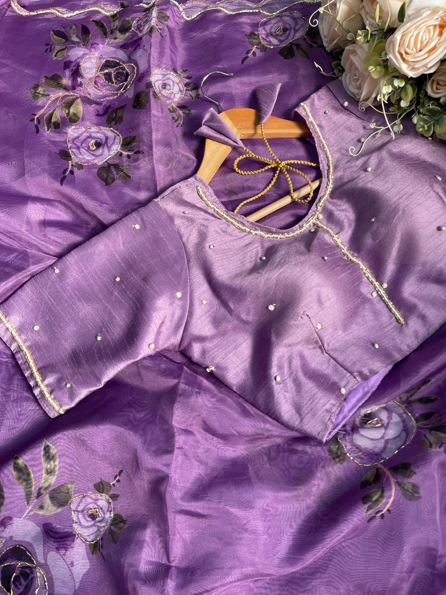 Purple Rose Organza Saree paired with Readymade Blouse 🌹