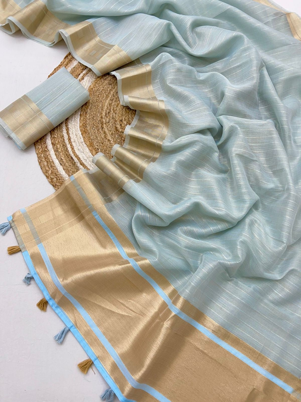 Pastel Kora Silk Saree x Gold Border & Tassel Border - Bridesmaid Special