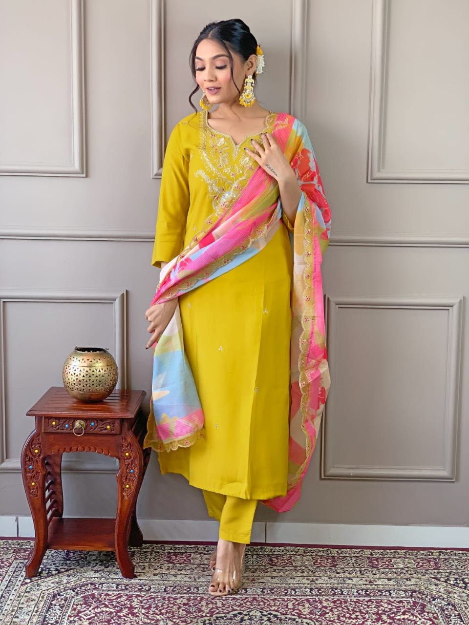 Premium Mustard Kurti Set with Grand Neckline