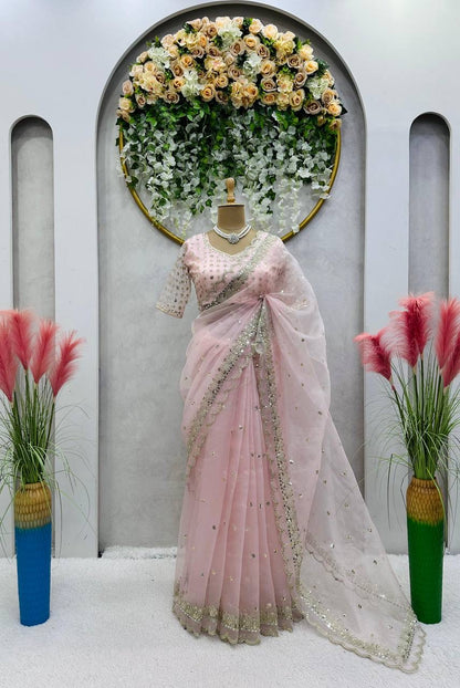 Baby Pink Organza Partywear Saree