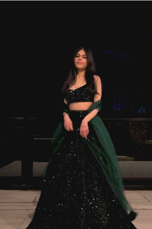 Sparkly Green Sequinned Velvet Lehenga