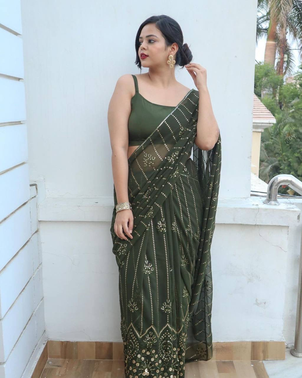 Olive Green Partywear Georgette Saree