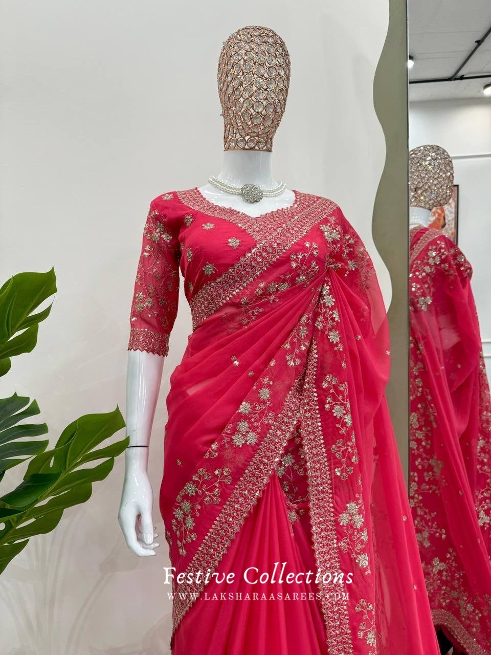 RADHIKA - Pink Partywear Georgette Saree x Beautiful Floral motif