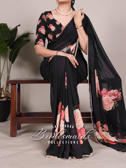 Partywear Floral Pearl Georgette Saree x Pearl Border