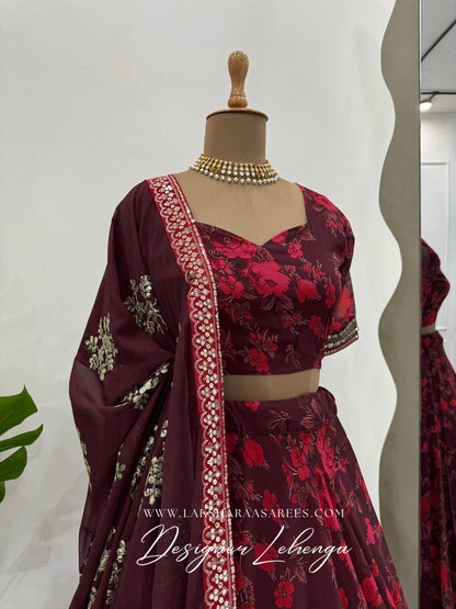 Maroon x Red Floral Georgette Lehenga