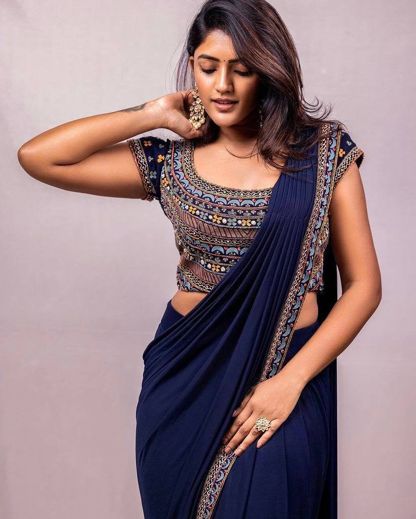 Navy Blue Readymade Saree x Stitched designer blouse