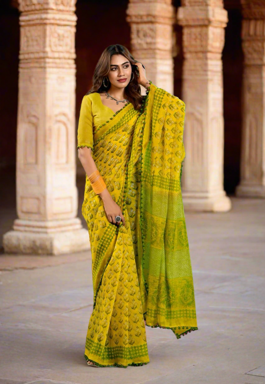 Colourful Mul Mul Cotton Saree x Pom Pom Border